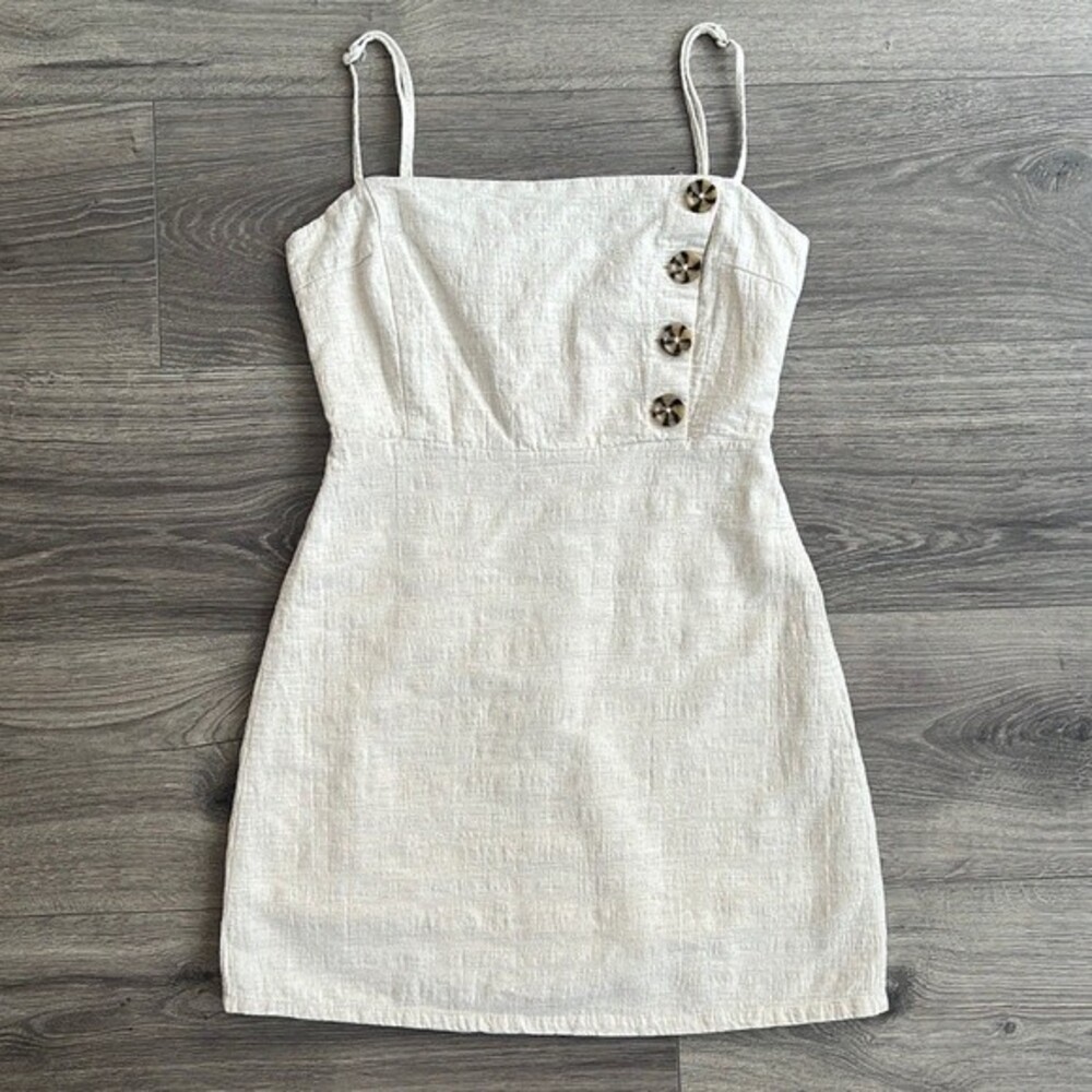 Urban Outfitters Riley Button Front Mini Dress Size 0 Linen & Cotton Beige Cream - Picture 1 of 12